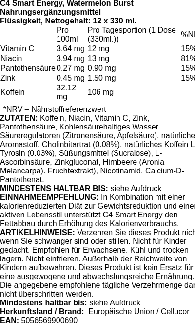 Produktetikett — C4 Smart Energy, Watermelon Burst - 12 x 330 ml. (PB 115751)