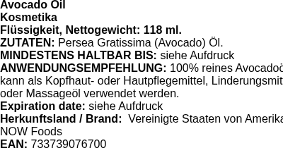 Produktetikett — Avocado Oil - 118 ml. (PB 7088)