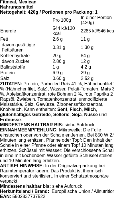 Produktetikett — Fitmeal, Mexican - 420g (PB 115844)