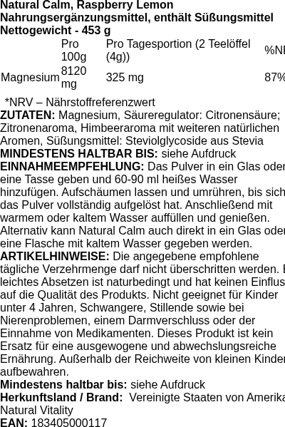 Produktetikett — Natural Calm, Raspberry Lemon - 453g (PB 95985)