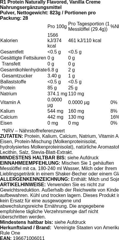 Produktetikett — R1 Protein Naturally Flavored, Vanilla Creme - 823g (PB 110813)