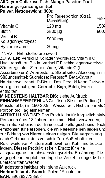 Produktetikett — AllDeynn Collarose Fish, Mango Passion Fruit - 300g (PB 113395)