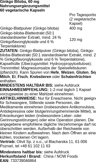Produktetikett — Ginkgo Biloba, 60mg - 60 vcaps (PB 81112)
