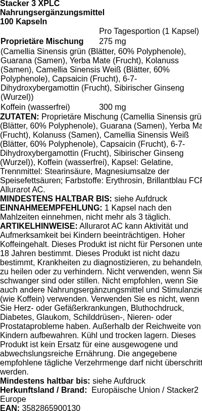 Produktetikett — Stacker 3 XPLC - 100 caps (PB 87504)