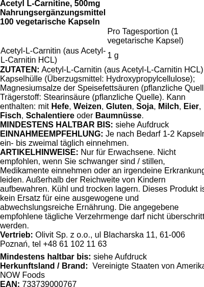 Produktetikett — Acetyl-L-Carnitine, 500mg - 100 vcaps (PB 69532)
