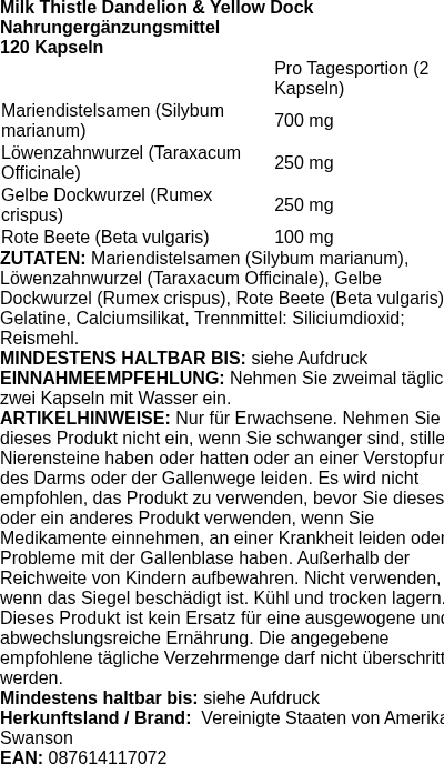 Produktetikett — Milk Thistle Dandelion & Yellow Dock - 120 caps (PB 114921)