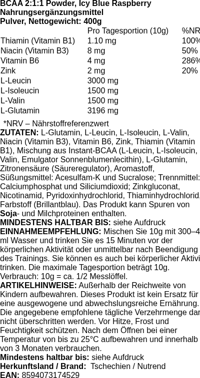 Produktetikett — BCAA 2:1:1 Powder, Icy Blue Raspberry - 400g (PB 115661)