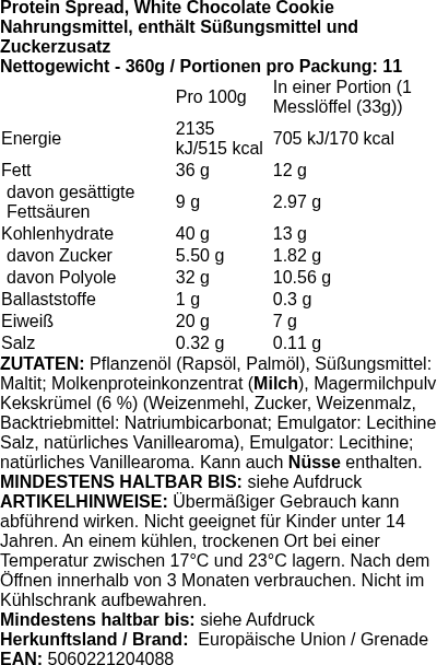 Produktetikett — Protein Spread, White Chocolate Cookie - 360g (PB 84142)