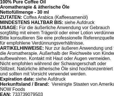 Produktetikett — 100% Pure Coffee Oil - 30 ml. (PB 124757)
