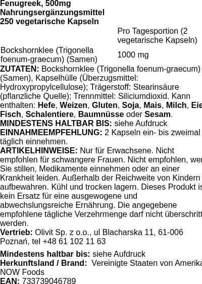Produktetikett — Fenugreek, 500mg - 250 vcaps (PB 105253)