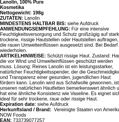 Produktetikett — Lanolin, 100% Pure - 198g (PB 72175)