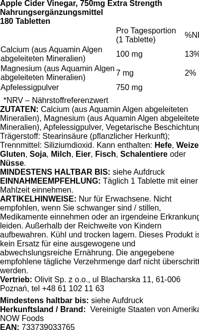 Produktetikett — Apple Cider Vinegar, 750mg Extra Strength - 180 tabs (PB 91055)