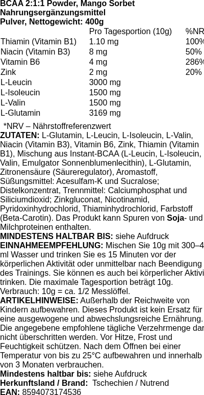 Produktetikett — BCAA 2:1:1 Powder, Mango Sorbet - 400g (PB 115662)