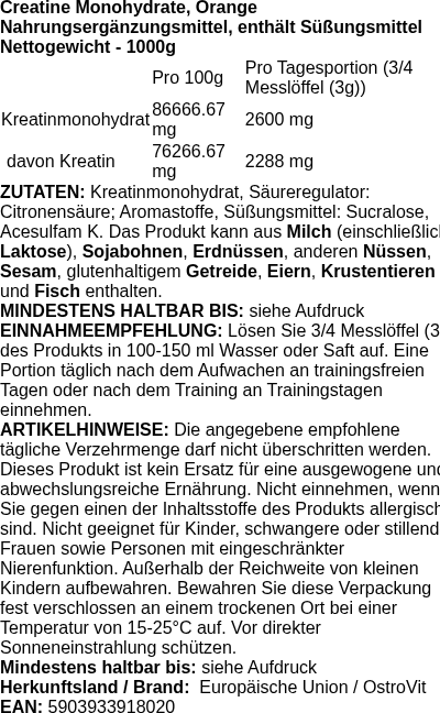 Produktetikett — Creatine Monohydrate, Orange - 1000g (PB 126308)