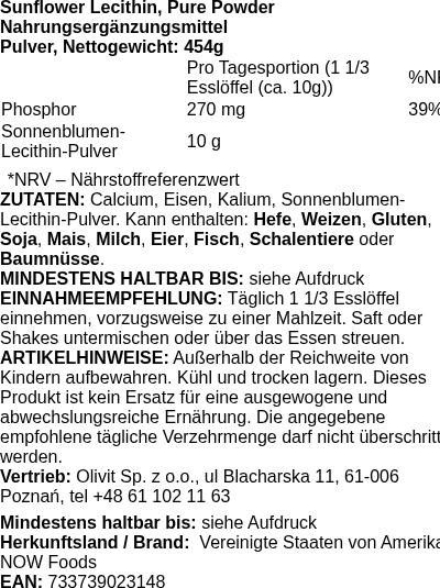 Produktetikett — Sunflower Lecithin, Pure Powder - 454g (PB 72726)