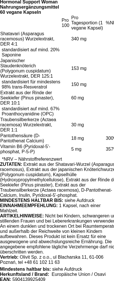 Produktetikett — Hormonal Support Woman - 60 vegan caps (PB 122135)