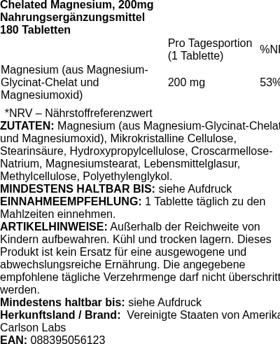 Produktetikett — Chelated Magnesium, 200mg - 180 tablets (PB 94200)
