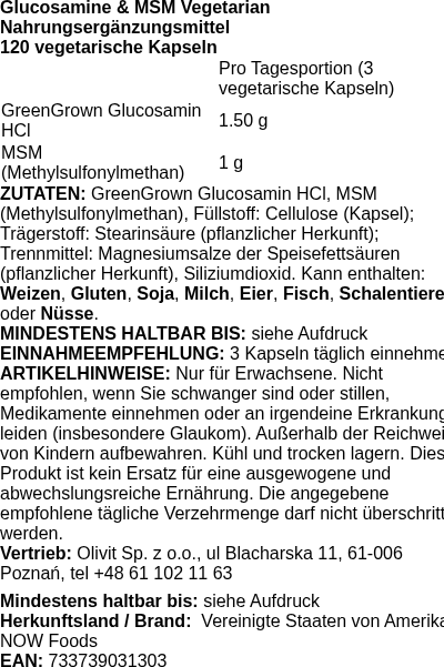 Produktetikett — Glucosamine & MSM Vegetarian - 120 vcaps (PB 72775)