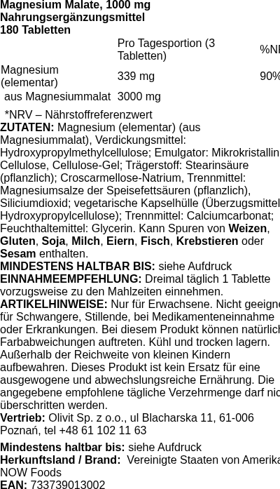 Produktetikett — Magnesium Malate, 1000mg - 180 tabs (PB 3911)