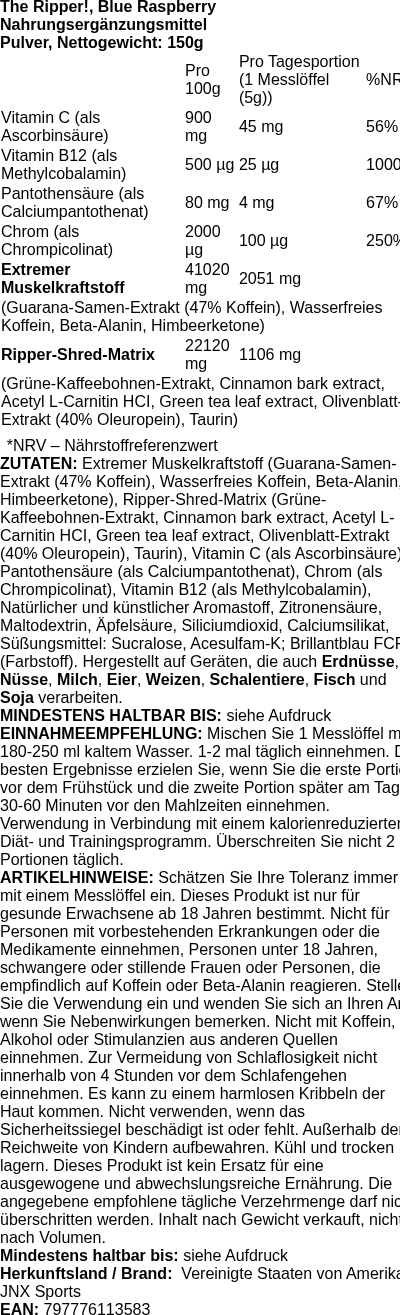 Produktetikett — The Ripper!, Blue Raspberry - 150g (PB 97330)