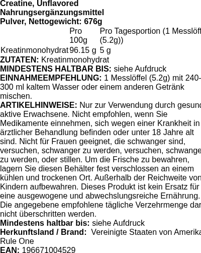 Produktetikett — Creatine, Unflavored - 676g (PB 119560)