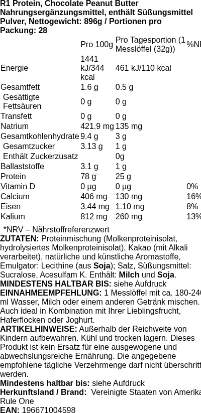 Produktetikett — R1 Protein, Chocolate Peanut Butter - 896g (PB 110827)