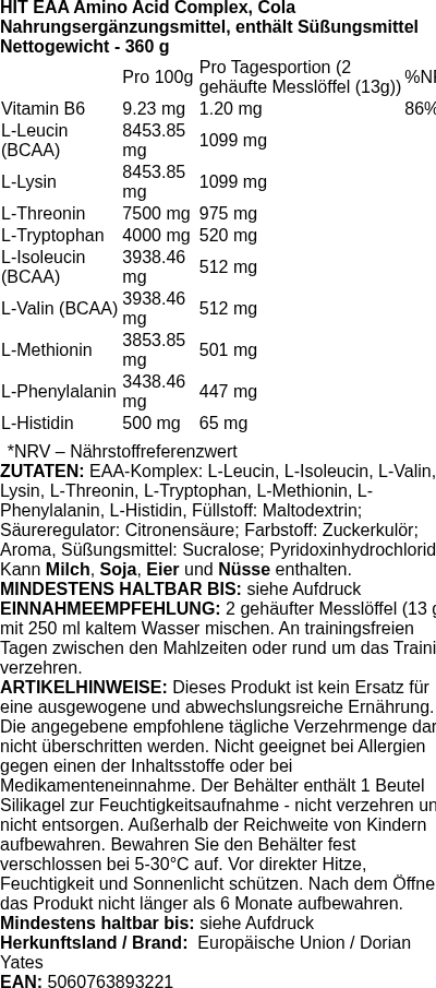 Produktetikett — HIT EAA Amino Acid Complex, Cola - 360g (PB 110567)