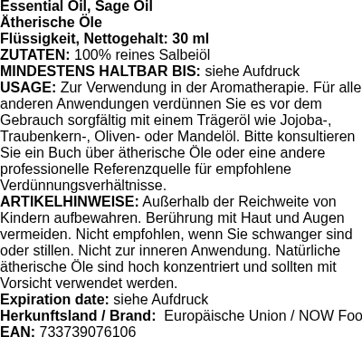 Produktetikett — Essential Oil, Sage Oil - 30 ml. (PB 78679)