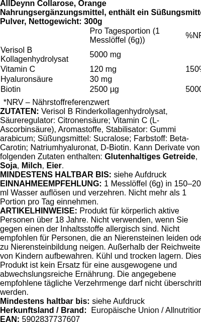 Produktetikett — AllDeynn Collarose, Orange - 300g (PB 113180)