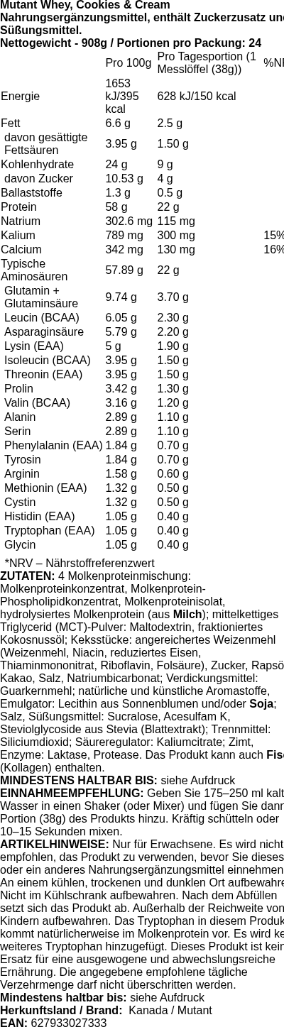 Produktetikett — Mutant Whey, Cookies & Cream - 908g (PB 111770)