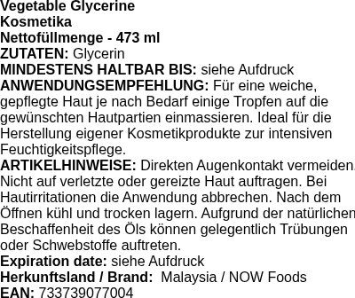 Produktetikett — Vegetable Glycerin - 473 ml. (PB 71704)