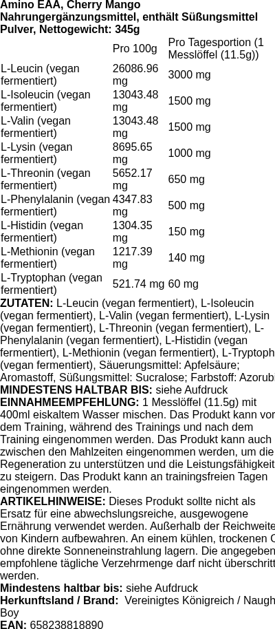 Produktetikett — Amino EAA, Cherry Mango - 345g (PB 116024)