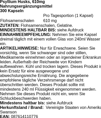 Produktetikett — Psyllium Husks, 610mg - 300 caps (PB 107979)