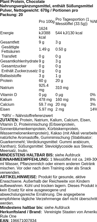 Produktetikett — Plant Protein, Chocolate - 670g (PB 117736)
