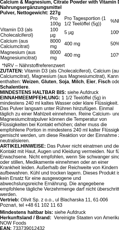 Produktetikett — Calcium & Magnesium, Citrate Powder with Vitamin D3 - 227g (PB 72982)