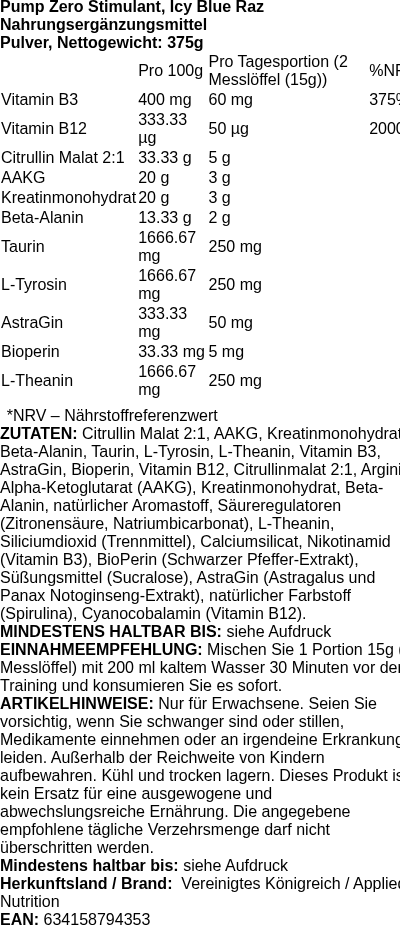 Produktetikett — Pump 3G Pre-Workout (Zero Stimulant), Icy Blue Raz (EAN 634158794353) - 375g (PB 95251)
