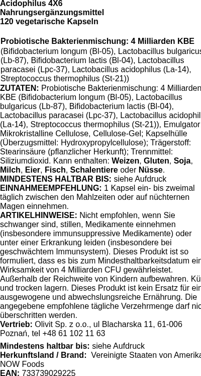 Produktetikett — Acidophilus 4X6 - 120 vcaps (PB 78504)