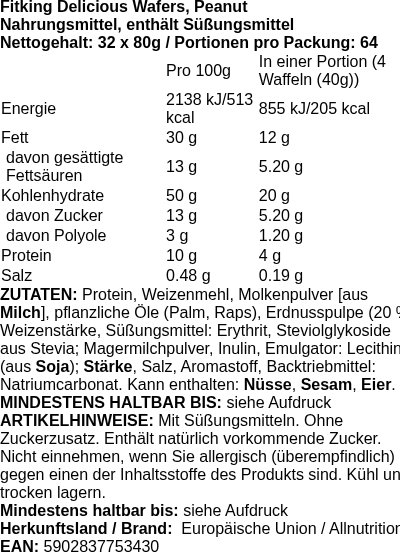 Produktetikett — Fitking Delicious Wafers, Peanut - 32 x 80g (PB 121099)