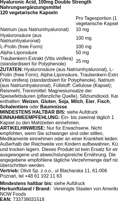 Produktetikett — Hyaluronic Acid, 100mg Double Strength - 120 vcaps (PB 73313)