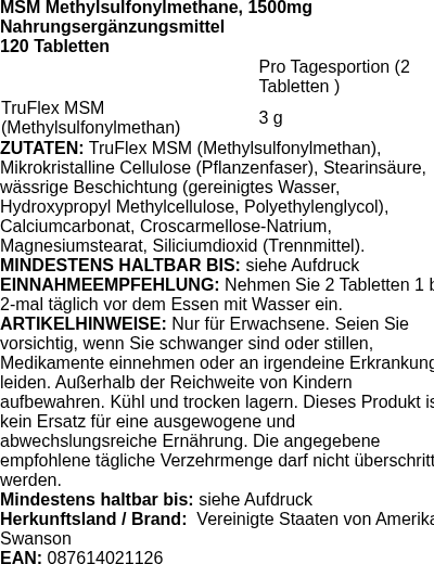 Produktetikett — MSM, 1500mg - 120 tablets (PB 84659)