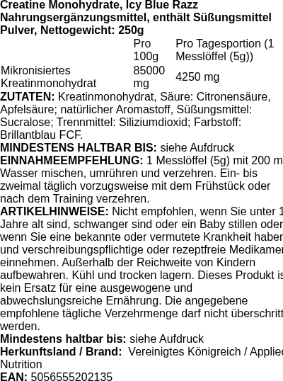 Produktetikett — Creatine Monohydrate, Icy Blue Razz - 250g (PB 116939)