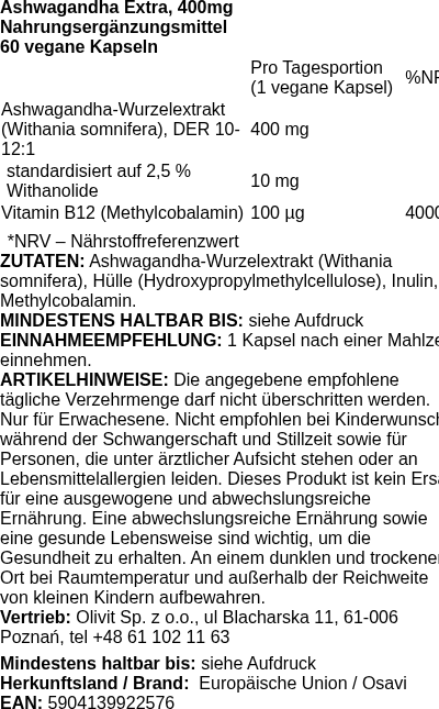 Produktetikett — Ashwagandha Extra, 400mg - 60 vegan caps (PB 112276)