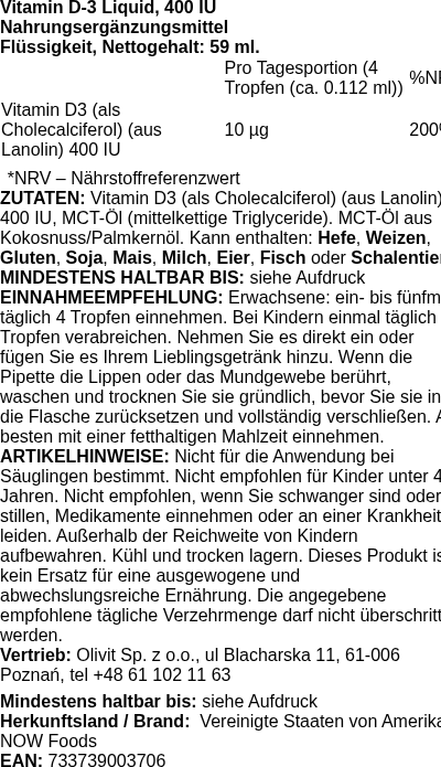 Produktetikett — Vitamin D-3 Liquid, 400 IU - 59 ml. (PB 6196)