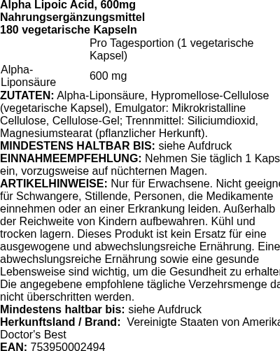 Produktetikett — Alpha-Lipoic Acid, 600mg - 180 vcaps (PB 88024)