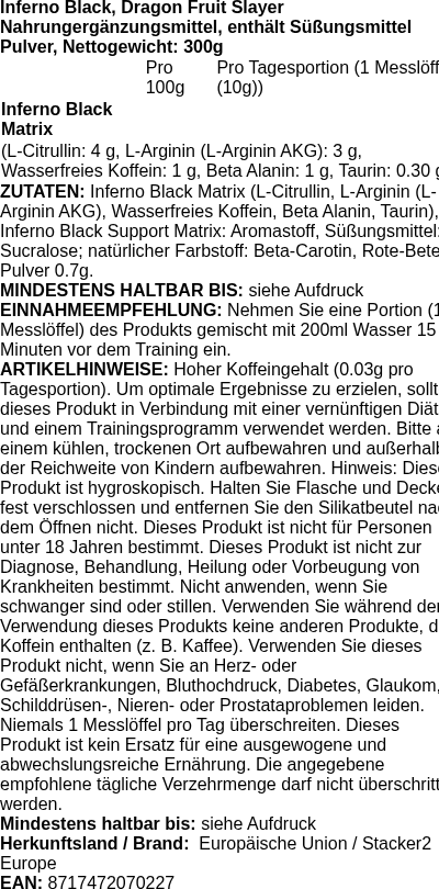Produktetikett — Inferno Black, Dragon Fruit Slayer - 300g (PB 114207)