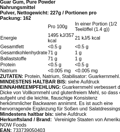 Produktetikett — Guar Gum, Pure Powder - 227g (PB 71716)