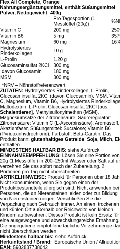 Produktetikett — Flex All Complete, Orange - 400g (PB 105335)