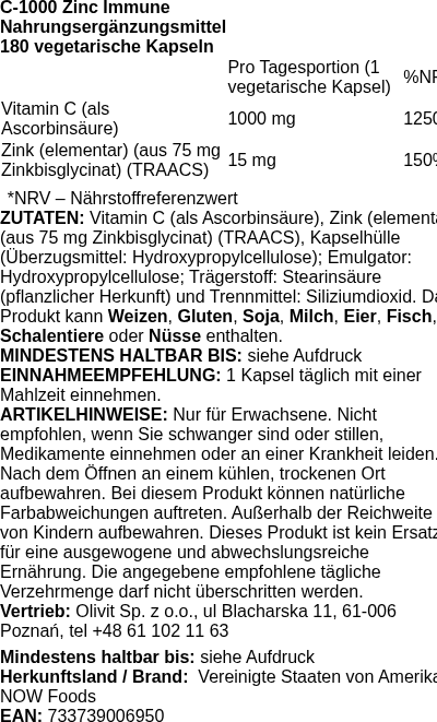 Produktetikett — C-1000 Zinc Immune - 180 vcaps (PB 110492)