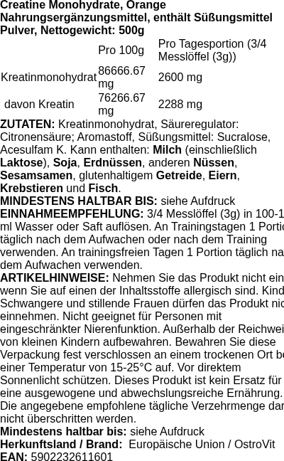 Produktetikett — Creatine Monohydrate, Orange - 500g (PB 124432)