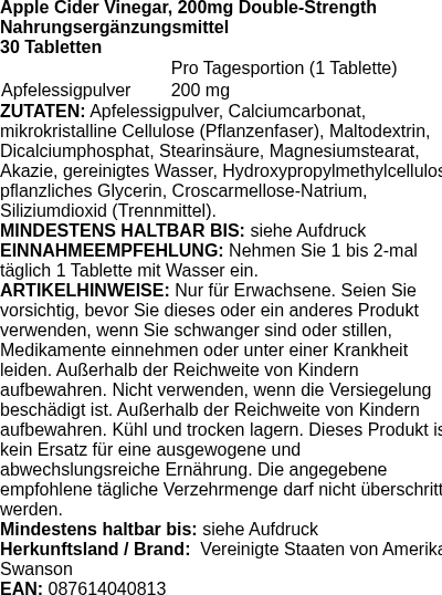 Produktetikett — Apple Cider Vinegar, 200mg Double-Strength - 30 tablets (PB 89344)